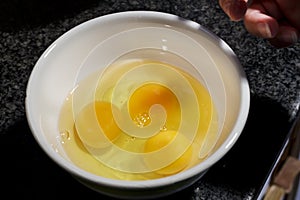 Several yolks and white egg into a ceramic bowl