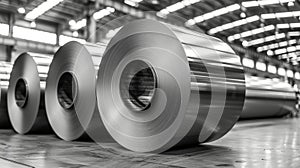 severall huge rolls of metal foil in a factory warehouse