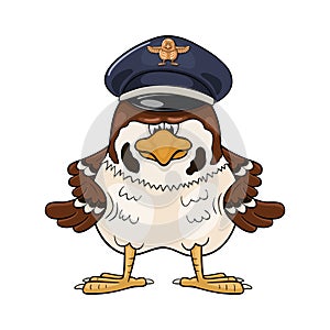 Severe cartoon sparrow in pilot service cap