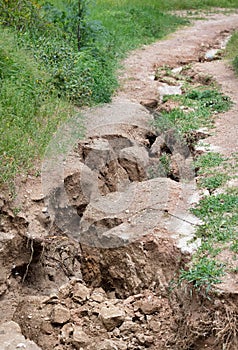 Severe erosion of soil washed out after rain streams on the slope