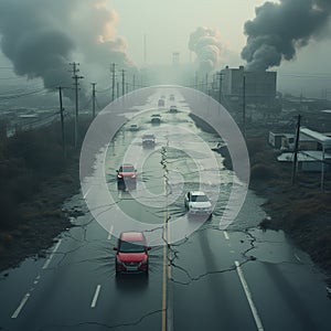 Effects of global warming and climate change, severe flood with infrastructure devastation.