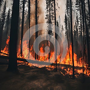 A severe forest fire with flames engulfing the underbrush.