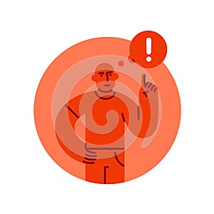 Severe man with a raised finger up with exclamation mark in speech bubble, concept of danger and warning, red color simple flat