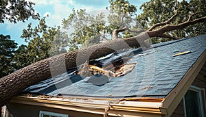 Severe Storm Damage Large Tree Fallen on House Roof, Highlighting Insurance and Structural Issues