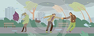 Severe storm weather at the park, vector illustration. People with umbrellas walk in strong wind and under heavy rain.