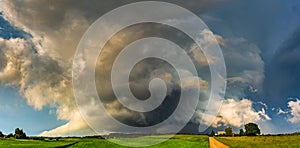 Severe supercell storm clouds with wall cloud and intense rain