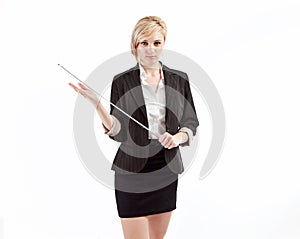 Severe teacher holding pointer photo