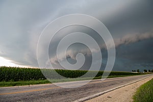 A severe thunderstorm accompanied by a menacing shelf cloud approaches.