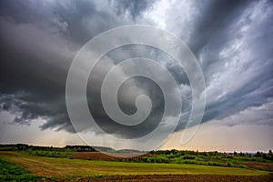 Severe thunderstorm clouds, landscape with storm clouds