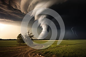 Severe tornado vortex in field dramatic landscape. Generative AI