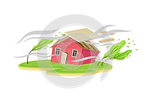 Severe Wind as Natural Cataclysm Blowing Carrying Away House Roof Vector Illustration