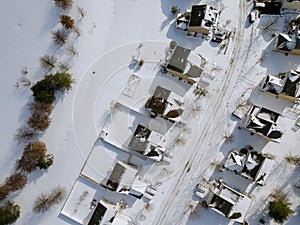 During a severe winter in South Carolina, this is a spectacular aerial view of a small American home town after snowfall