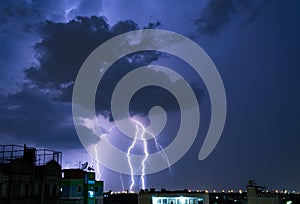 Severely lightning at night during monsoon season.