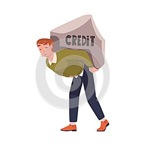 Severity of Mortgage with Man Carrying Huge Stone as Heavy Burden of Credit Vector Illustration