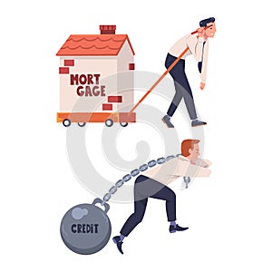 Severity of Mortgage with Man Pulling House and Metal Ball with Chain as Heavy Burden of Credit Vector Set