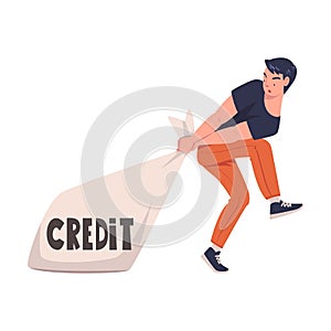 Severity of Mortgage with Man Pulling Huge Sack as Heavy Burden of Credit Vector Illustration