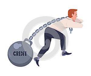 Severity of Mortgage with Man Pulling Iron Ball on Chain as Heavy Burden of Credit Vector Illustration