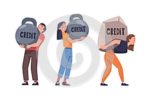 Severity of Mortgage with Man and Woman Carrying Heavy Burden of Credit Vector Set