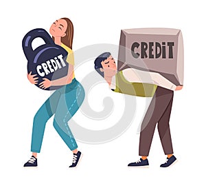 Severity of Mortgage with Man and Woman Carrying Heavy Burden of Credit Vector Set