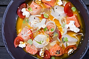 Sevice with salmon and mango