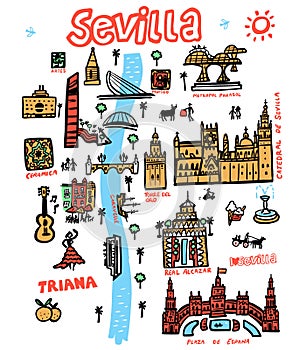 Sevilla City, Spain Landmarks Illustration Hand Drawn