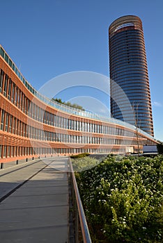 Seville, Andalusia, Spain. Modern office and hotel tower highrise building