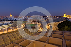 Seville at night, Spain / Panoramic top view from Modern architecture be design JÃÂ¼rgen Mayer, Metropol Parasol Setas de Sevilla