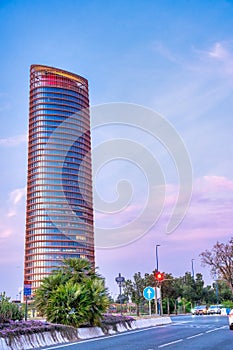 Seville, Spain - April 10, 2023: The Sevilla Tower (known as Cajasol Tower or Pelli Tower) of Seville (Spain), it has inside the