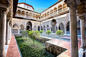 SEVILLE, SPAIN: Real Alcazar in Seville. Patio de las Doncellas in Royal palace, Real Alcazar built in 1360