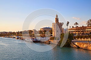 Seville sunset skyline torre del Oro in Sevilla