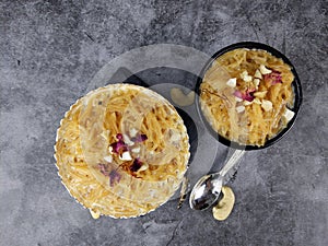 Seviyan or Vermicelli kheer, an Indian dessert made of semolina noodles topped with rose petals and dry fruits such as Cashews