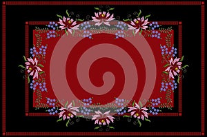 Frame for a black tablecloth with a striped red border and framed with embroidered flowers of red and pink petals with blue flower