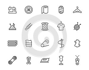 Sew fabric fashion cloth tailor vector icon set. Sewing leather stitch thread outline needle icon.