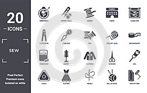 sew icon set. include creative elements as embroidery, handloom, crochet hook, clothing, clothes, sewing box filled icons can be