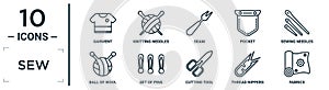 sew linear icon set. includes thin line garment, seam, sewing needles, set of pins, thread nippers, fabrics, ball of wool icons