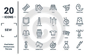 sew linear icon set. includes thin line hand craft, jeans pocket, jacket, overstitch, seam, pin, threading icons for report,