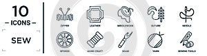 sew linear icon set. includes thin line zipper, needlework, needle, hand craft, yarn, sewing tools, spokes icons for report,