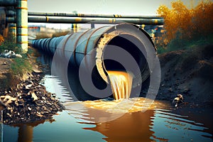 Sewage discharge from a pipe into a river. Dumping of industrial waste into a clean river. Climate change.