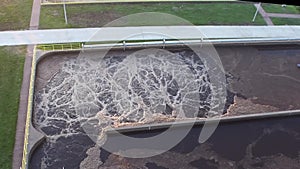 Sewage treatment plant, closeup, aerial view