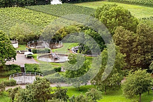 Sewage treatment plant next to the green trees and fields. Image to demonstrate good recycling, environmental