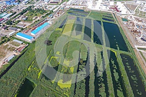 The sewage treatment plant in Slavyansk-on Kuban. Water for sewage treatment in a small city. Bright on the banks of water