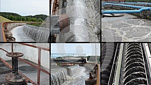 Sewage waste water cleaning plant. Waterworks. Footage collage