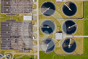 Sewage wastewater water purification treatment plant, aerial view