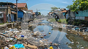 Sewage water stream flows through the village. Concept of environmental pollution