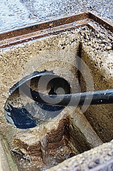 Sewer cleaning and worker with water and hose in pipe