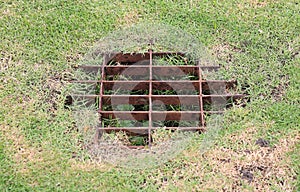 The sewer grate on the lawn - drainage for heavy rain