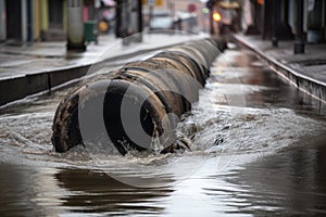 sewer gushing from broken pipe, flooding the street