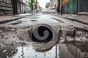 sewer gushing from broken pipe, flooding the street