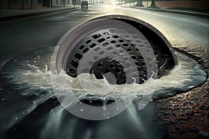 sewer gushing out of manhole, onto the street, and into storm drain