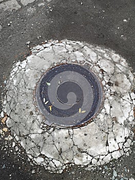 sewer hatch. on the old asphalt